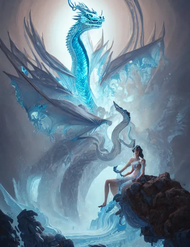 Prompt: portrait of the ice dragon queen, greg rutkowski, greg tacchini, james willard, joe fenton, kete butcher, dynamic lighting, gradient light blue, brown, light cream and white colors, oil aesthetics