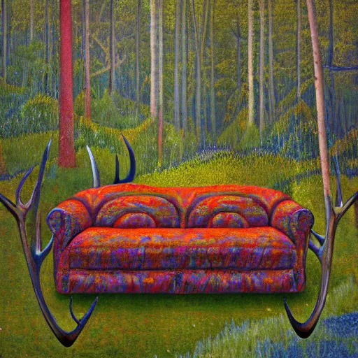 Image similar to psychedelic couch sofa in the lush pine forest, milky way, moose antlers, designed by arnold bocklin, jules bastien - lepage, tarsila do amaral, wayne barlowe and gustave baumann, cheval michael, trending on artstation, star, sharp focus, colorful refracted sparkles and lines, soft light, 8 k 4 k