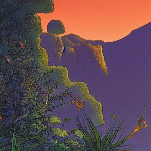 Prompt: illustration of a lush natural scene on an alien planet by moebius. detailed. beautiful landscape. colourful weird vegetation. cliffs and water.