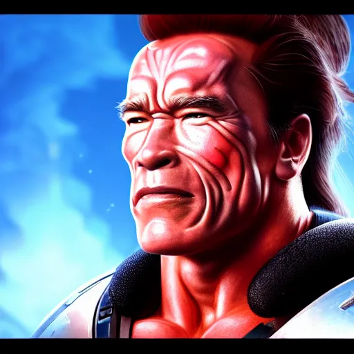 Image similar to a screenshot of arnold schwarzenegger as mei in overwatch, portrait, fantasy, beautiful face, vivid colors, elegant, concept art, sharp focus, digital art, hyper - realistic, 4 k, unreal engine, highly detailed, hd, dramatic lighting by brom, trending on artstation