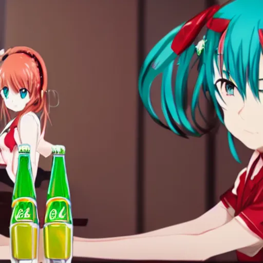 Prompt: miku drinks coca - cola , anime key visual, digital art, anime screenshot, kyoto animation, makoto shinkai, trending on pixiv