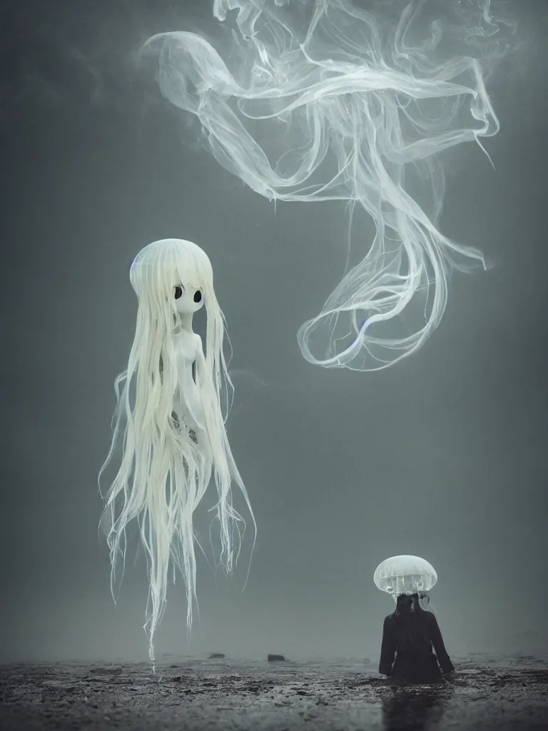 Prompt: cute fumo plush beautiful ectoplasmic gothic skeletal jellyfish ghost girl, glowing milky wisps of hazy smoke and volumetric fog on a stormy reflective river in the rain, lens flare, subsurface scattering, vignette, asymmetry, bokeh, refraction, vray