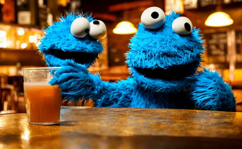 Prompt: Cookie Monster drinking a glass of milk at the bar after a long day, looking exhausted, grungy lighting, wide angle