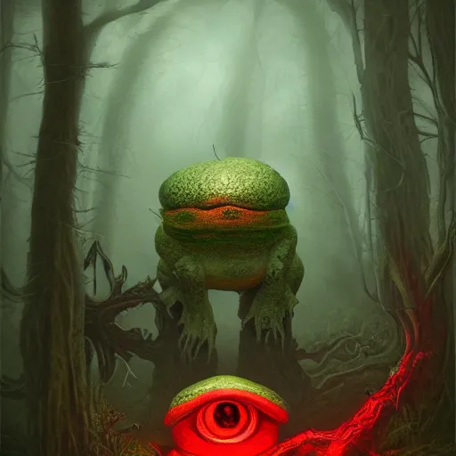 Image similar to giant evil monsterous slimy toad in the dark forest, glowing red eyes, slimy toads, dark night, midnight, foggy, atmospheric, highly detailed, hyperrealistic, gothic horror, trending on artstation, digital art, dark fantasy