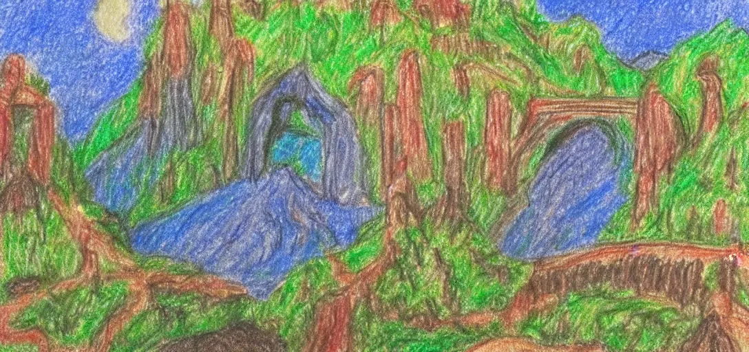 Prompt: Rivendell landscape poorly drawn in crayon by a five-year old