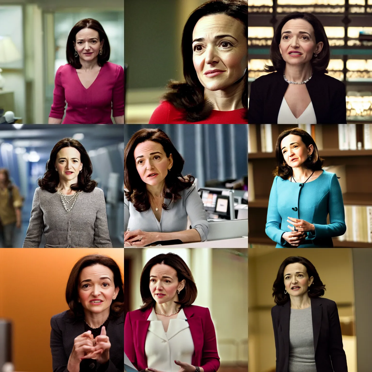 Prompt: Movie still of Sheryl Sandberg as a villain in movie Panopticon