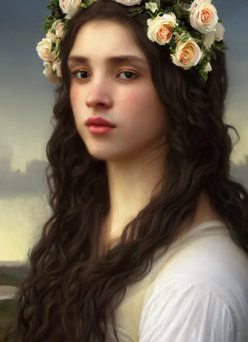 Image similar to oil painting close up portrait of a contemplative young black celtic woman with long dark flowing hair in a white dress, wearing a crown of white roses!! at sunset, hazy, digital art, chiaroscuro, artstation, cinematic, golden hour, digital art painting by greg rutkowski, william - adolphe bouguereau, hazy atmosphere, cinematic lighting