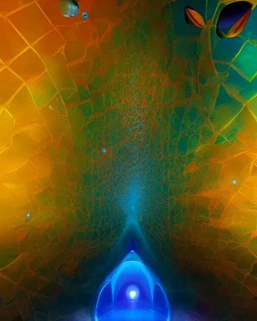 Image similar to the most beautiful star system inside of a crystal clear underwater cave,, coherent design, symmetrical, concept art, vivid color, complementary color, golden ratio, detailed, sharp lines, intricate, rainbowshift, by sahm, octane render