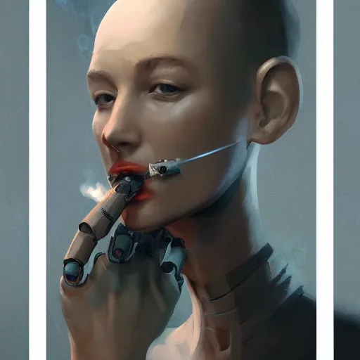 Image similar to a portrait of an attractive robot smoking by greg rutkowski, sung choi, mitchell mohrhauser, maciej kuciara, johnson ting, maxim verehin, peter konig, 8 k photorealistic, cinematic lighting, hd, high details, dramatic, dark atmosphere, trending on artstation