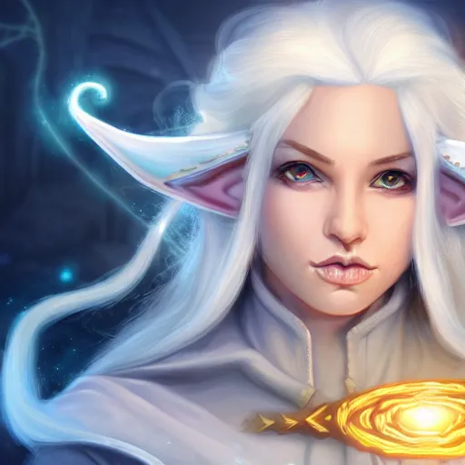 Image similar to Beautiful white haired aged fair skinned scholar elf with spell scroll and lightning background, symmetrical, realism, digital painting, detailed artwork, portrait, mythical, artstation