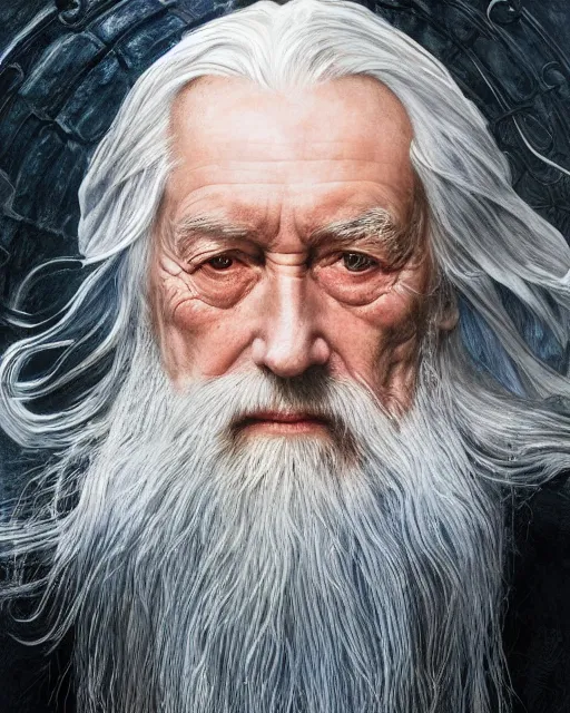 Image similar to portrait of 8 0 - year - old man, with blue eyes, very long silver hair, and very long silver beard, dumbledore, wearing in black cloak, hyper realistic face, beautiful eyes, fantasy art, in the style of greg rutkowski, intricate, alphonse mucha, hyper detailed, smooth