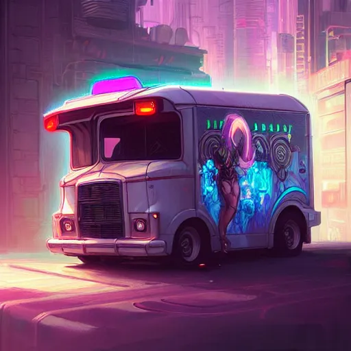 Prompt: a cyberpunk ice cream truck digital painting, intricate, elegant, highly detailed, artstation, concept art, matte, sharp focus, illustration, art by Artgerm and Greg Rutkowski and Alphonse Mucha