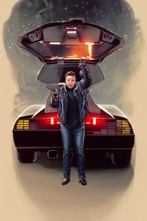 Image similar to elon musk as marty mcfly getting out of delorean, realistic portrait, symmetrical, highly detailed, digital painting, artstation, concept art, smooth, sharp focus, illustration, cinematic lighting, art by artgerm and greg rutkowski and alphonse mucha