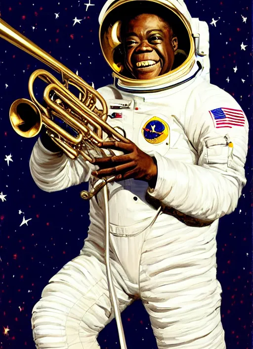 Prompt: a portrait of louis armstrong wearing a space suit on the moon, with a trumpet on the ground, by greg manchess and john singer sargent and jonathan yeo, dramatic lighting, highly detailed digital painting