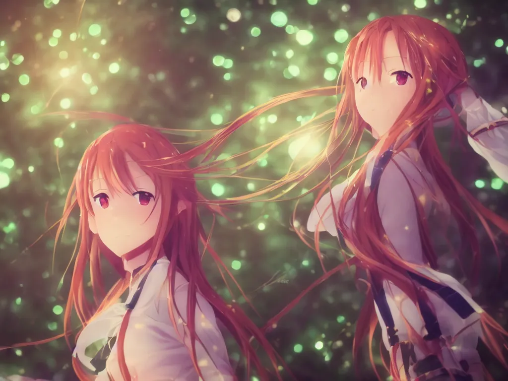 Prompt: dreamy portrait of a beautiful Asuna from Sword Art Online, anime, vibrant sakura forest on moonlit night on bokeh background, smooth 4k