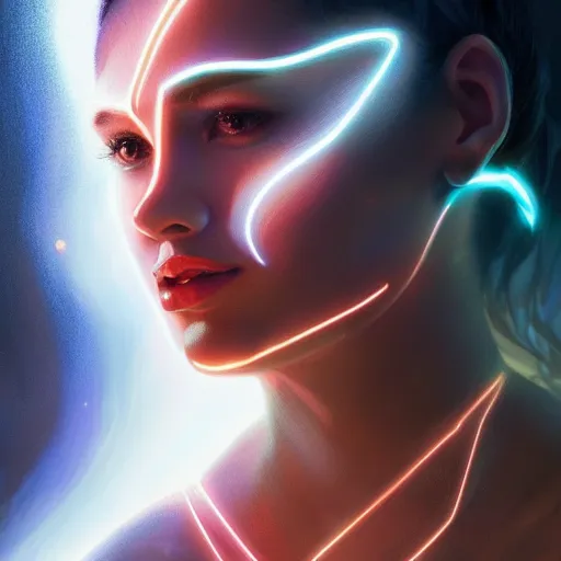 Image similar to head and shoulders portrait of modern darna, glowing translucent hologram of an ai woman, intricate, elegant, dark vibes, highly detailed, digital painting, artstation, glamor pose, concept art, smooth, sharp focus, illustration, art by wlop, mars ravelo and greg rutkowski