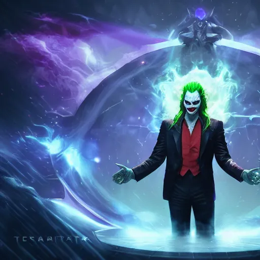 Image similar to portrait of elon musk as the joker as a spellcaster, league of legends amazing splashscreen artwork, splash art, natural light, elegant, photorealistic facial features, intricate, fantasy, detailed face, atmospheric lighting, anamorphic lens flare, cinematic lighting, league of legends splash art, hd wallpaper, ultra high details by greg rutkowski