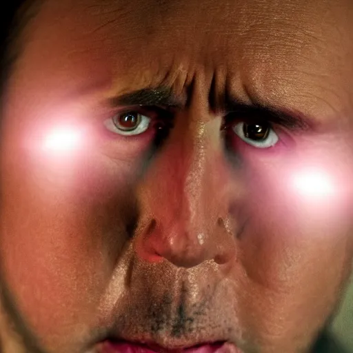 Image similar to closeup shot of nicolas cage with crazy grin and dramatic lightning and backlightning, highly detailed