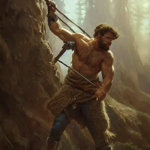 Image similar to portrait of a young rugged ranger, muscular, upper body, hairy torso, D&D, fantasy, intricate, cinematic lighting, highly detailed, digital painting, artstation, concept art, smooth, sharp focus, illustration, art by Artgerm and Greg Rutkowski and Alphonse Mucha