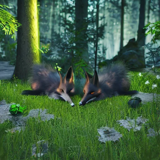 Prompt: second life in game screenshot of black foxes cuddling next to each other in a beautiful fantasy forest lit with fireflies, 3 d render, octane engine, unreal engine 4, 4 k screenshot