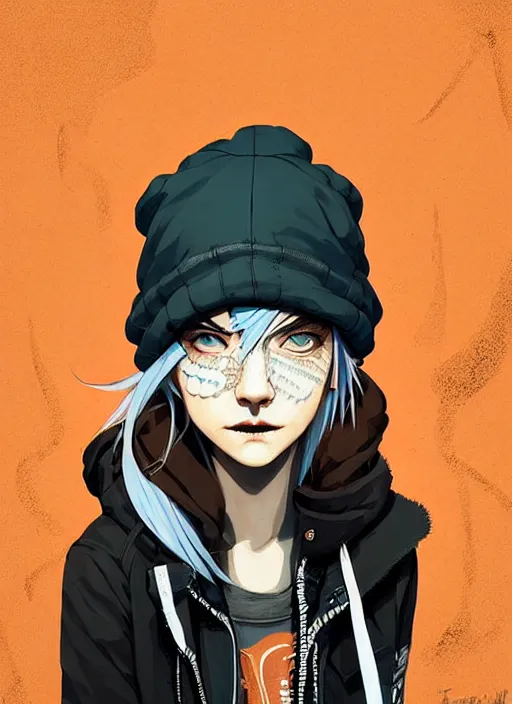 Image similar to highly detailed portrait of a sewer punk lady student, blue eyes, leather hoodie, hat, white hair by atey ghailan, by greg tocchini, by james gilleard, by kaethe butcher, by greg tocchini, gradient orange, black, brown and cyan color scheme, grunge aesthetic!!! ( ( graffiti tag wall background ) )