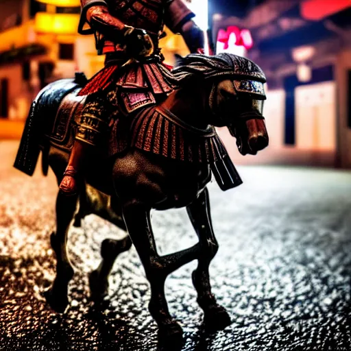 Image similar to close up macro shot of a roman general riding a horse fighting a samurai with swords on wet tokyo street at night, intricate, hyper detailed, smooth, dramatic lighting, cinematic