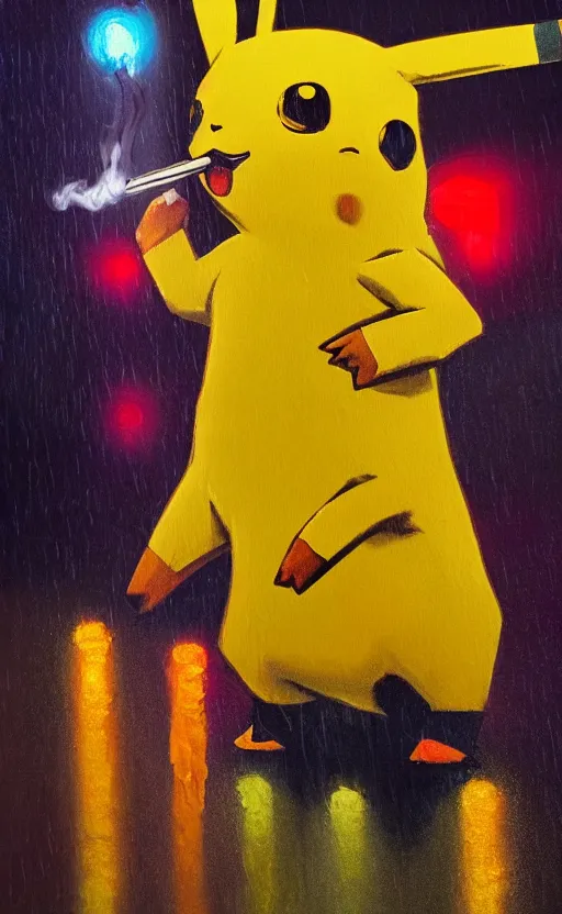 Image similar to a realistic oil painting of Chrome Pikachu smoking a cigarette in a rainy cyberpunk street, by Alex Ross, realistic, 8k, HD, neon, dramatic backlit, bokeh