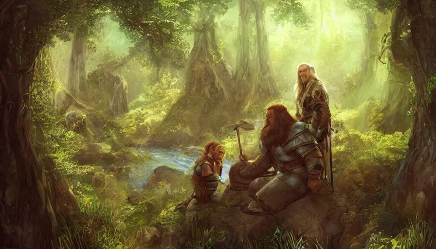 Image similar to the dwarf gimli and the elf legolas in lothlorien, realm of galadriel, artwork, artstation, beautiful setting