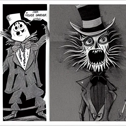 Image similar to a Pop Wonder scary horror themed goofy-hilarious-character Babadook-scarecrow-madhatter-williewonka-wearing a scarf, 3-piece-suit, dime-store-comic drawn with charcoal and pen and ink, half-tone-line-stacking