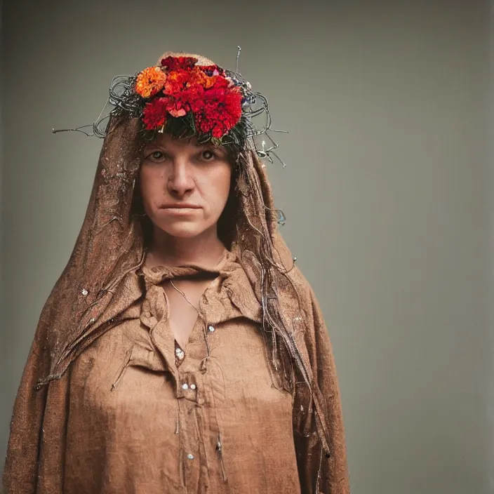 Image similar to a closeup portrait of a woman wearing a hood made of wire and zinnias, in an abandoned office building, by vincent desiderio, canon eos c 3 0 0, ƒ 1. 8, 3 5 mm, 8 k, medium - format print