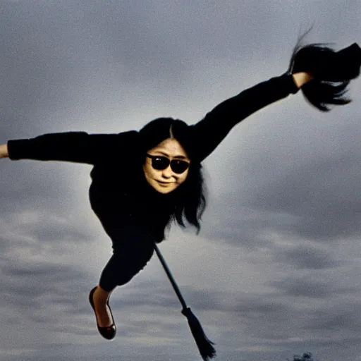 Image similar to yoko ono flying on a broomstick, lighting in the skies, 4k