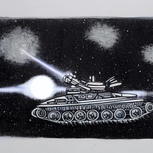 Image similar to a battle tank heavy armor blasting with yin - yang black and white symbol daoist paint, in a cosmic field