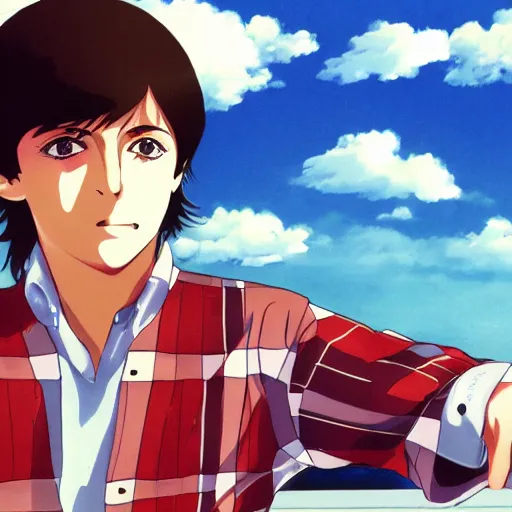 Image similar to anime illustration of young Paul McCartney from the Beatles, wearing a blue and white check shirt, on a yacht at sea, smiling at camera, white clouds, ufotable