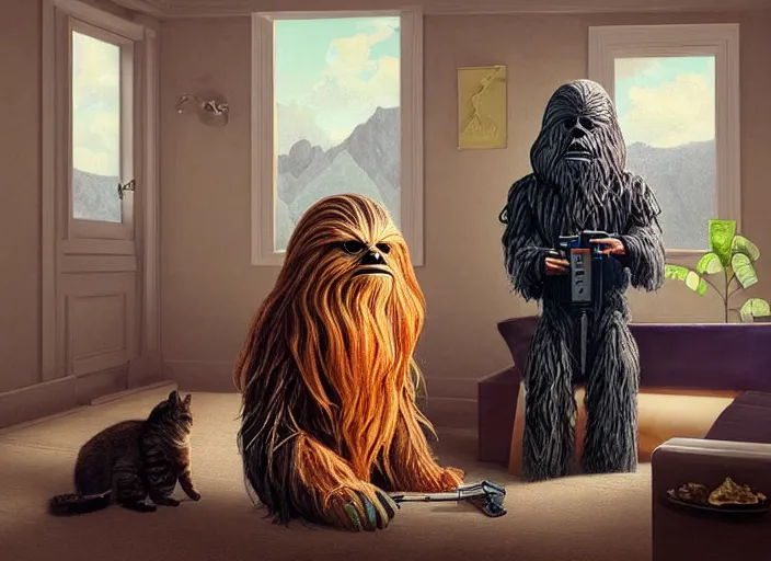 Image similar to wookiee is comfy at home trading crypto with his cat. the charts are at all time highs, gains, green charts, painting by grant wood, 3 d rendering by beeple, wlop