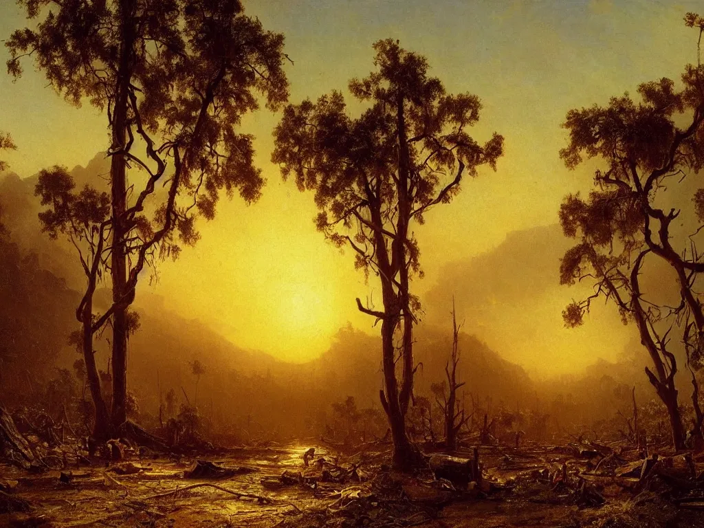 Prompt: a new dawn after a post apocalyptic california landscape after a nuclear war, foliage, plants, flowers, beautiful, sunrise lighting, beautiful painting, los angeles, painted by albert bierstadt