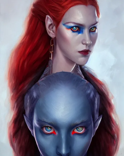 Image similar to A detailed matte oil on canvas head on symmetrical portrait of a distinguished elven woman with a blue eye and a red eye, and red and blue hair by Charlie bowater and lise deharme wlop, trending on artstationhd, dungeons and dragons art critical role