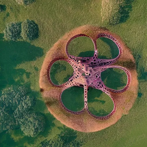 Image similar to drone's flying above countryside in an optopus formation