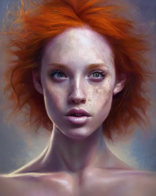 Prompt: female artist painting self - portrait, perfect face, magic, halter top, ginger hair, abs, cinematic, freckles, stunning, adorable, cute, athletic, strong, agile, highly detailed, psychedelic, digital painting, artstation, smooth, hard focus, illustration, art by jessica rossier and and brian froud