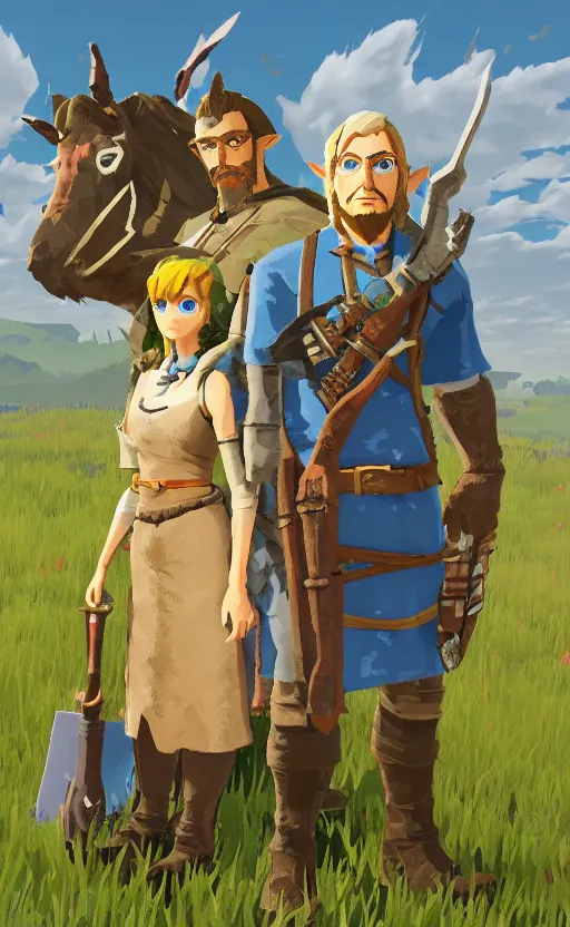 Prompt: American Gothic in the style of Legend of Zelda: Breath of The Wild, unreal engine, high quality render