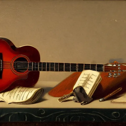 Image similar to still life of a guitar, matte painting, 1853, award-winning