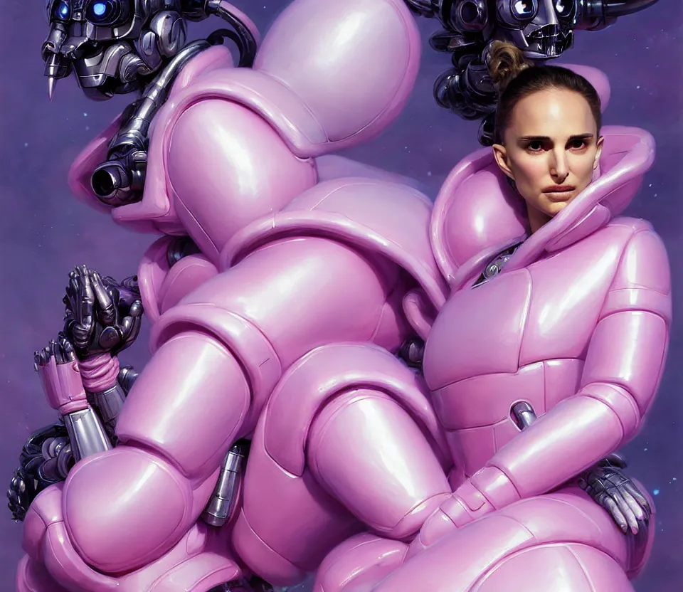 Image similar to beautiful fantasy character portrait, natalie portman, wearing pink puffy bomber jacket with white fur, decepticon robots, seductive reclining pose, futuristic chrome drones, ultra realistic, dramatic lighting, decepticon artifacts, highly detailed by peter mohrbacher, hajime sorayama, wayne barlowe, boris vallejo, aaron horkey, gaston bussiere, craig mullins