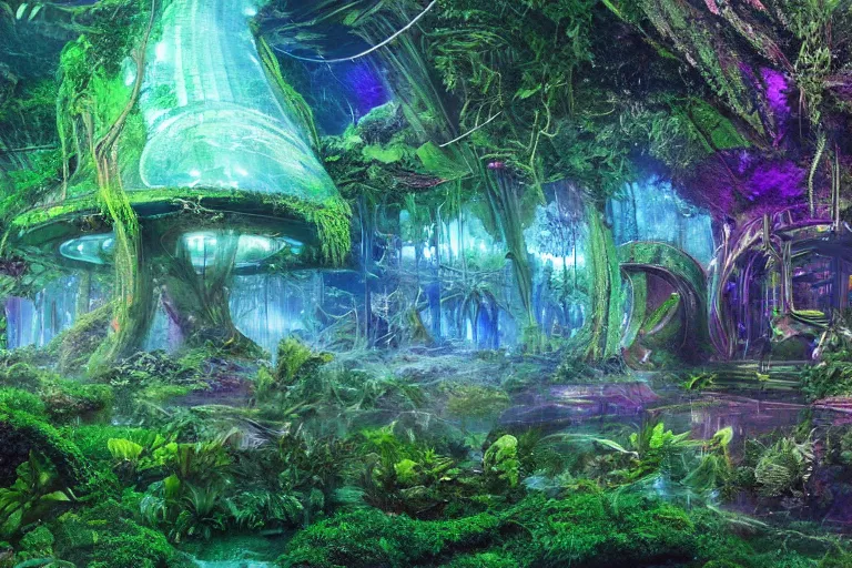 Prompt: high - tech atlantean scifi ruins in the jungle covered in moss, hologram projections, forest spirits dancing, fantasy concept art
