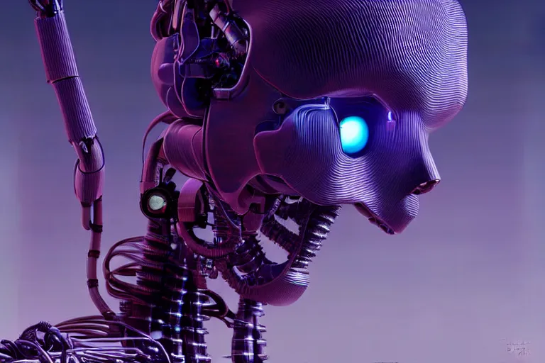 Prompt: hyperrealistic medium shot robot cyborg in wires data center server! by stanley kubrick highly detailed concept art zdzisław beksinski william gibson cinematic low purple lighting high angle hd 8 k sharp shallow depth of field