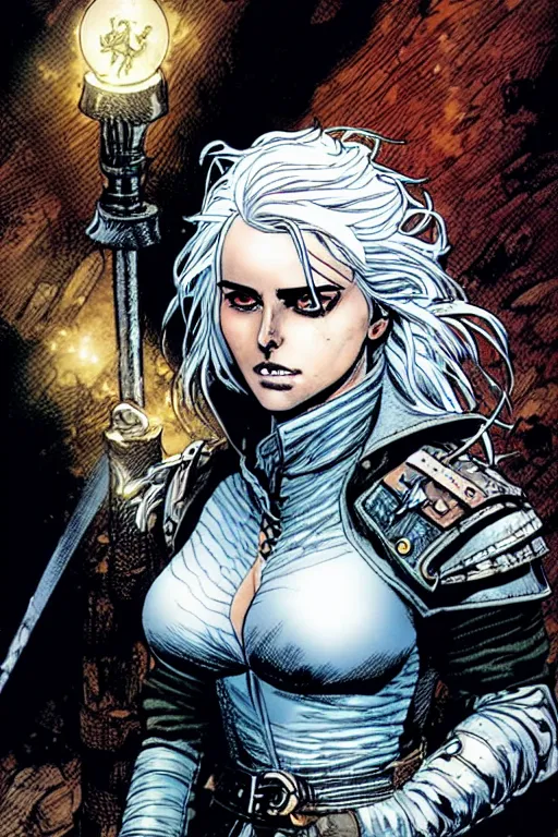 Prompt: portrait close-up of Ciri appearing as a character in volume 6 of Metabarons, drawn by Mobius - masterpiece of evocative linework and expressive colours