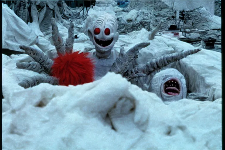 Image similar to scary filmic wide shot angle movie still 35mm film color photograph of a disturbing and horrifying creature scene from The Thing 1982 in the style of a horror film