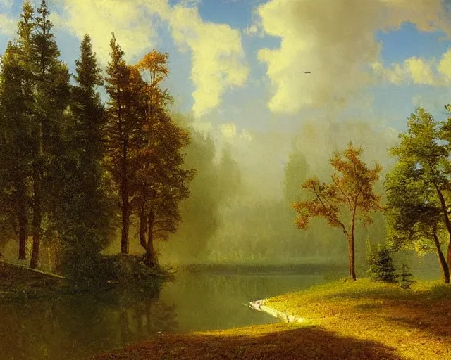 Image similar to landscape painting by Vsevolod Ivanov and Albert Bierstadt