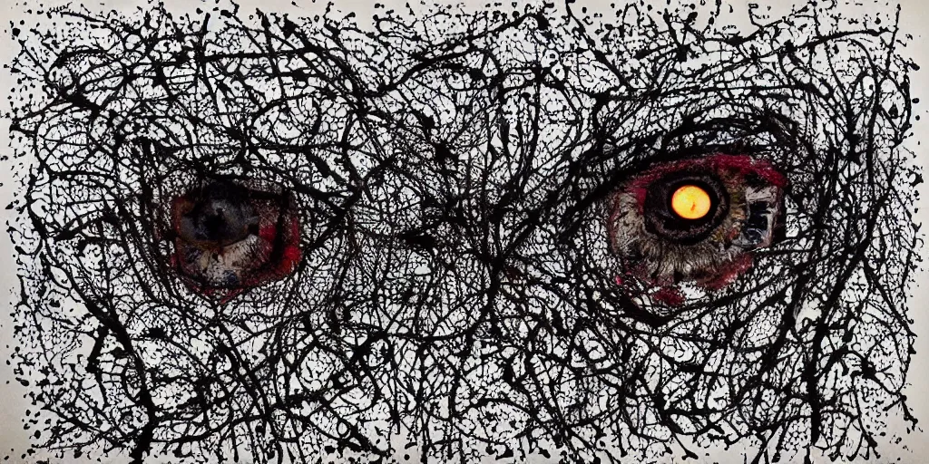 Image similar to camo made of eyes, technical, acrylic, teeth, eerie, tribal, clay, dotting, lines, stipple, points, cybernetic, style of old painting, francis bacon art, swirly eyes, hypnosis, eerie, terror, oil, neon, black and white, splotches, colorful dots, ominous,