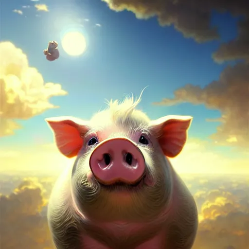 Prompt: cute pig in the sky, cute and cuddly, highly detailed, photorealistic, octane render, 8 k, unreal engine. art by artgerm and greg rutkowski and alphonse mucha, beautiful