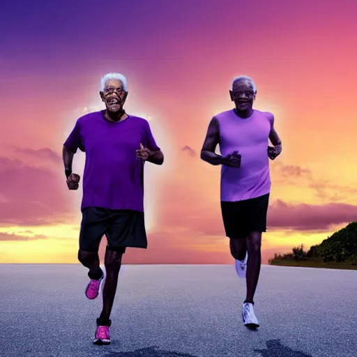 Prompt: morgan freeman and johnny depp running on a treadmill on a tropical island purple with a sunset, 4k hyperrealistic