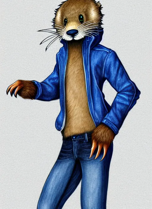 Prompt: expressive stylized master furry artist digital colored pencil painting full body portrait character study of the otter ( sergal ) small head fursona animal person wearing clothes jacket and jeans by master furry artist blotch